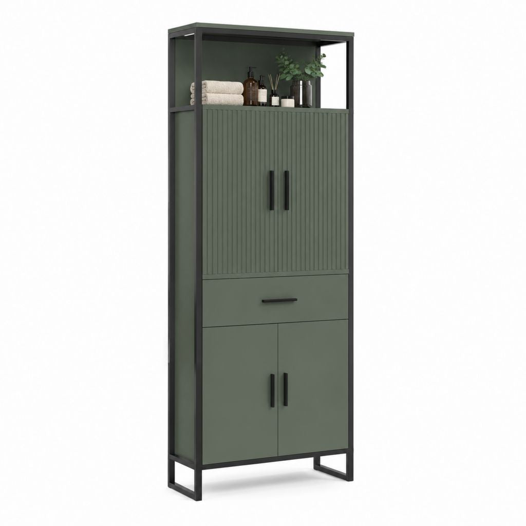 Colonna bagno rettangolare verde oliva in MDF e acciaio 60 x 35 x 180 cm con 4 ante 1 cassetto e vano a giorno
