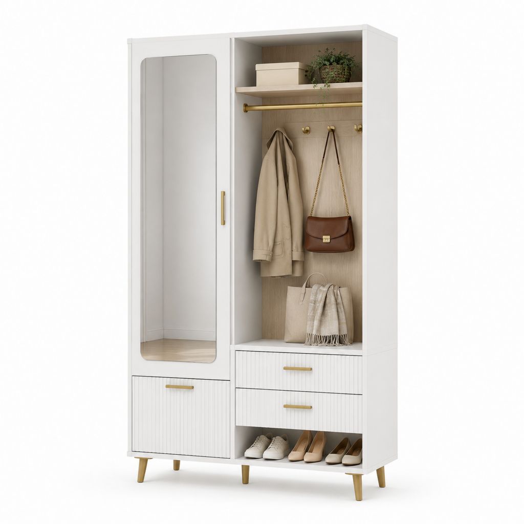 Armadio da ingresso bianco in MDF con specchio appendiabiti e scarpiera 100 x 40 x 190 cm