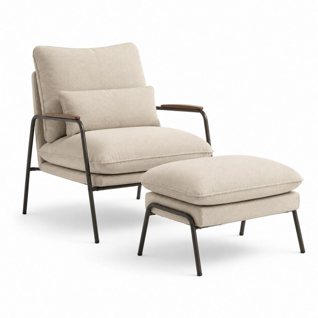 Set poltrona con poggiapiedi beige in poliestere e acciaio 72 x 85 x 82 cm con poggiapiedi 68 x 42 x 50 cm