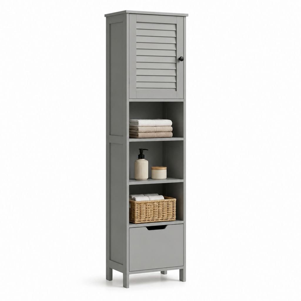 Colonna bagno con ripiani e cassetto grigio in MDF 40 x 30 x 180 cm