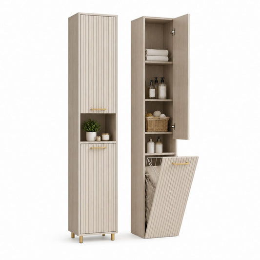 Colonna bagno con portabiancheria beige e avorio in pannello truciolare 40 x 35 x 180 cm