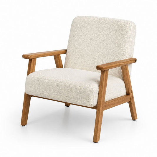 Poltrona da soggiorno crema in poliestere bouclé con struttura in legno massello sagoma squadrata 70 x 78 x 85 cm