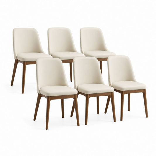 Set 6 Sedie da Pranzo Avorio in Similpelle PU con Gambe in Legno Massello Schienale Curvo 46 x 55 x 82 cm