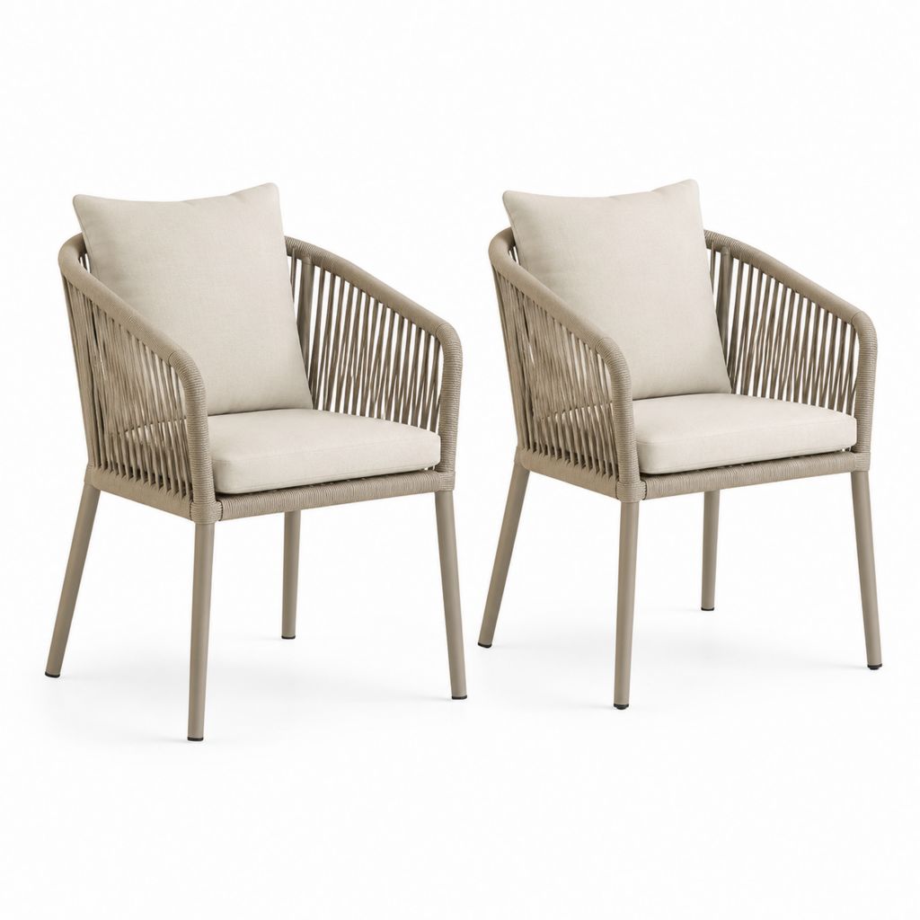 Set 2 sedie da giardino con braccioli tortora in acciaio e corda PP con cuscini beige 58 x 62 x 82 cm