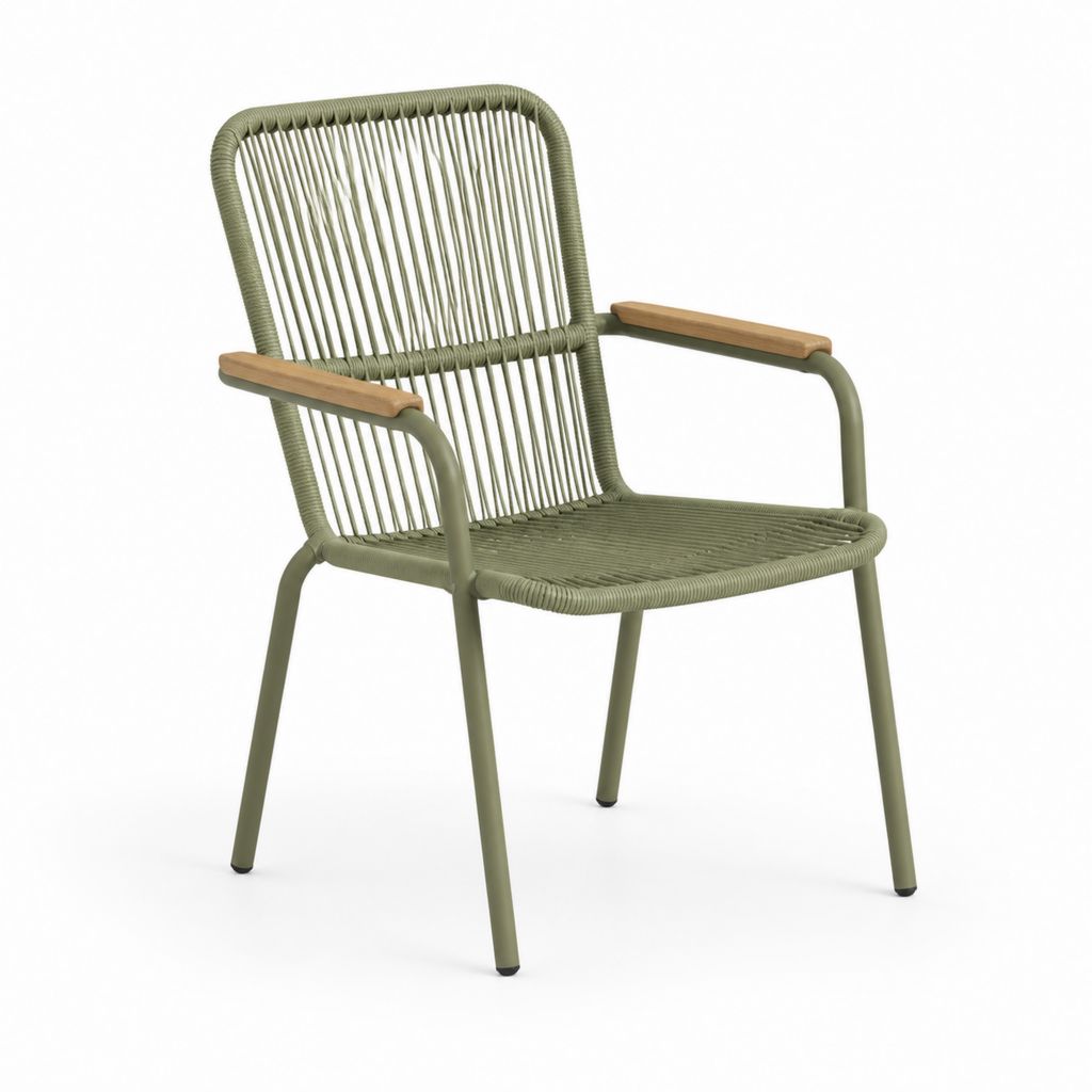 Sedia da giardino con braccioli verde oliva in acciaio e corda in polipropilene 58 x 62 x 88 cm