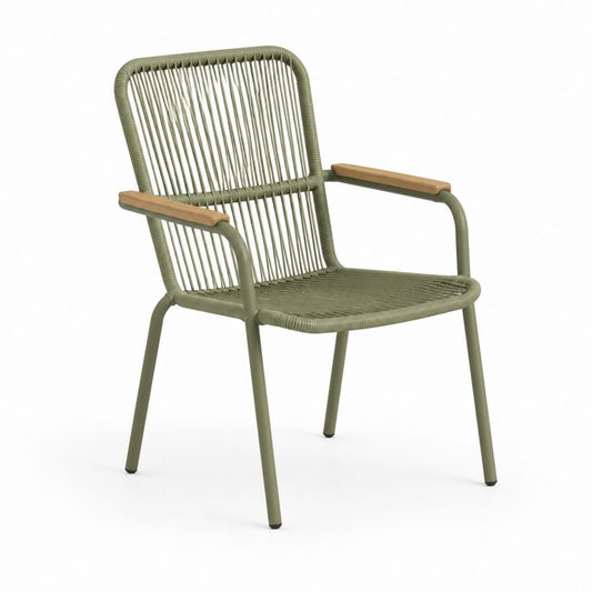 Sedia da giardino con braccioli verde oliva in acciaio e corda in polipropilene 58 x 62 x 88 cm
