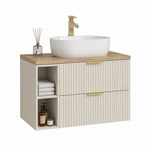 Mobile sottolavabo sospeso rettangolare avorio in MDF 80 x 46 x 55 cm con piano rovere e vani contenitore