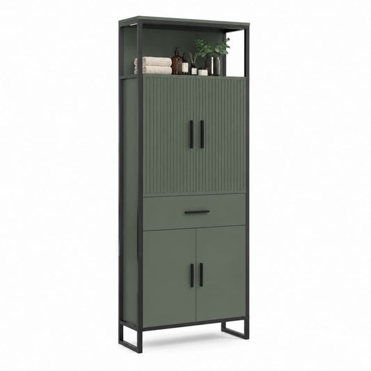 Colonna bagno rettangolare verde oliva in MDF e acciaio 60 x 35 x 180 cm con 4 ante 1 cassetto e vano a giorno
