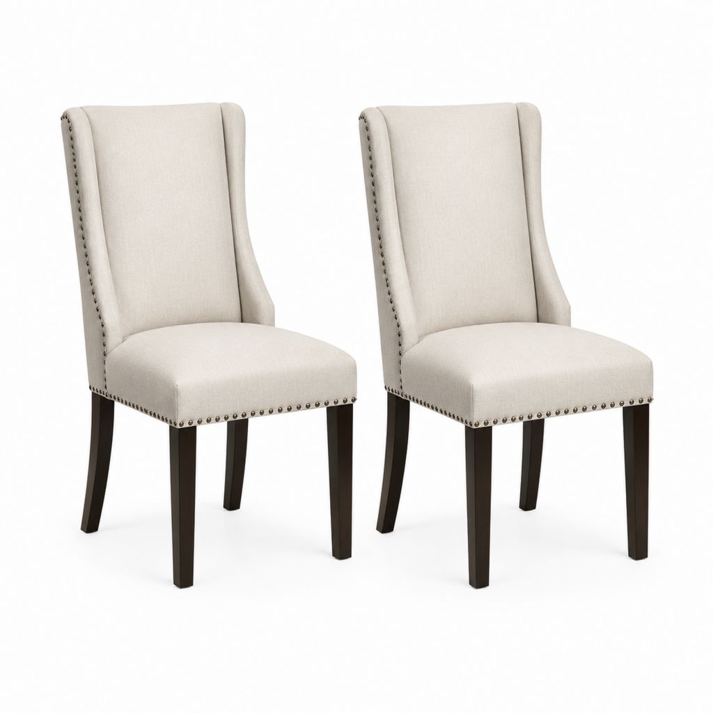 Set 2 sedie da pranzo beige in poliestere con schienale alto e gambe in legno massello 48 x 62 x 105 cm