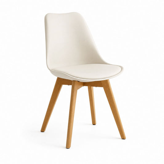 Sedia da pranzo imbottita bianca in pelle PU con gambe in legno massello 48 x 54 x 82 cm