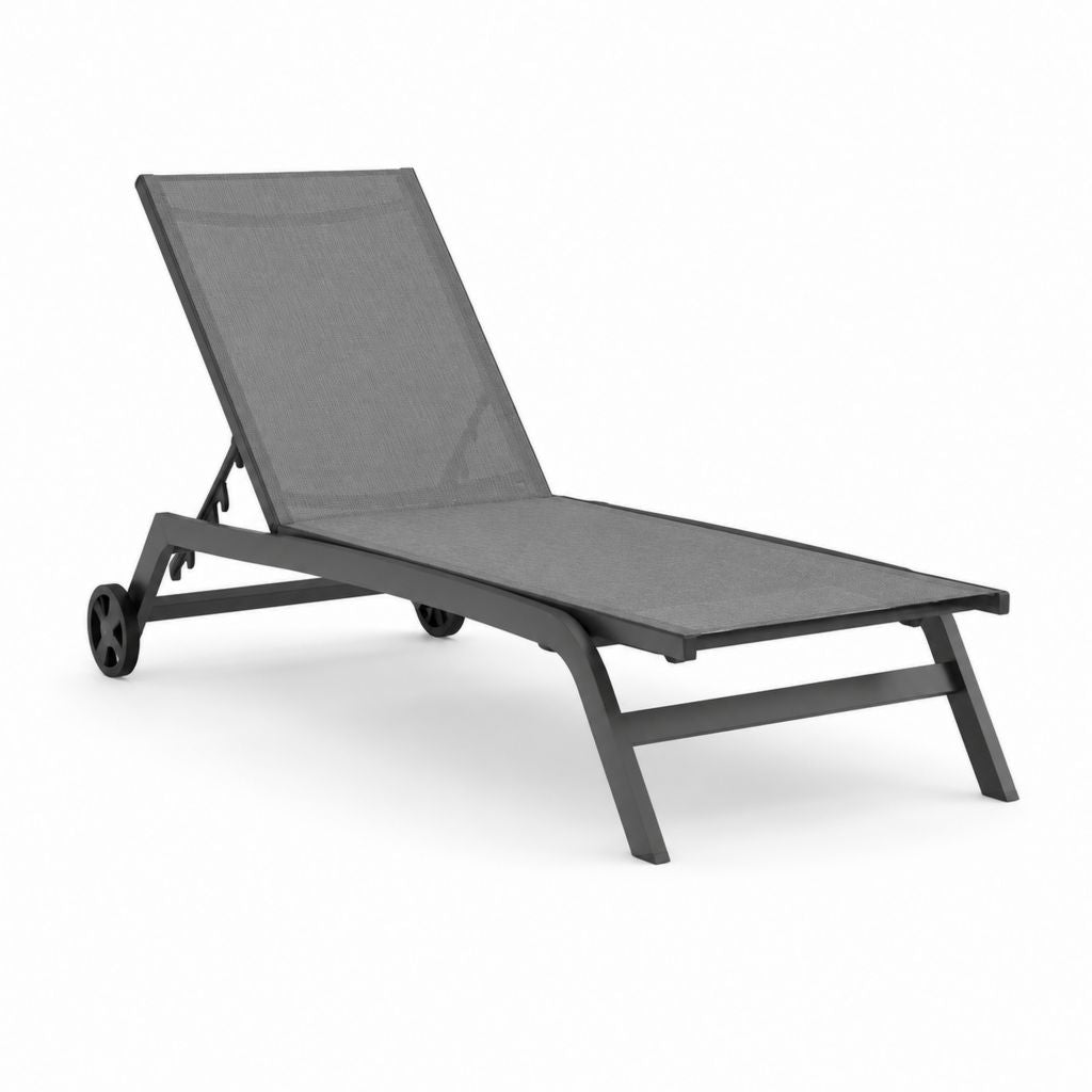 Lettino prendisole da giardino grigio antracite in alluminio e textilene 195 x 65 x 32 cm con schienale reclinabile e ruote