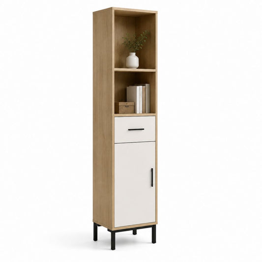 Colonna da ingresso rettangolare con cassetto anta e ripiani rovere chiaro bianco in truciolare 40 x 35 x 180 cm