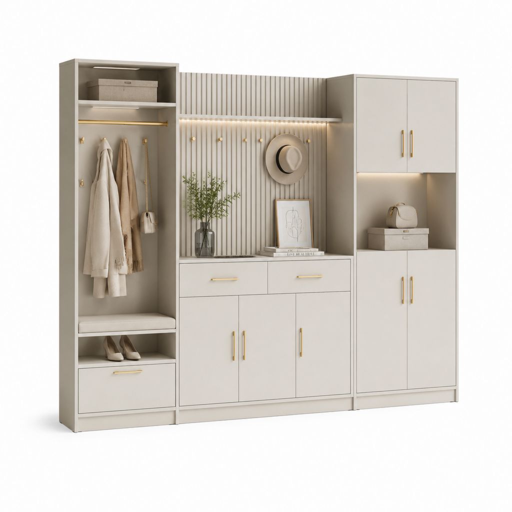 Parete attrezzata ingresso con guardaroba e scarpiera beige in pannelli truciolari 300 x 40 x 220 cm
