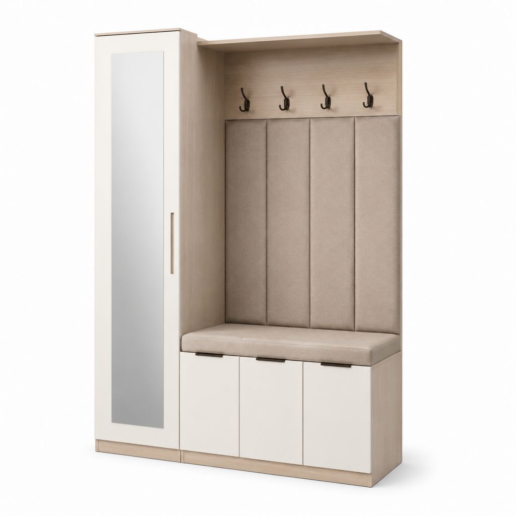 Mobile da ingresso con specchio appendiabiti e panca beige e rovere chiaro in pannello truciolare 140 x 40 x 200 cm
